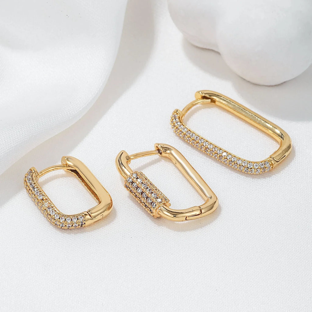 Geometric copper ear clip three-piece set with micro inlaid zircon stones in gold and white colours