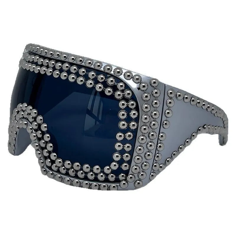 Men's large square rim punk sunglasses with rivet details in silver metal finish.