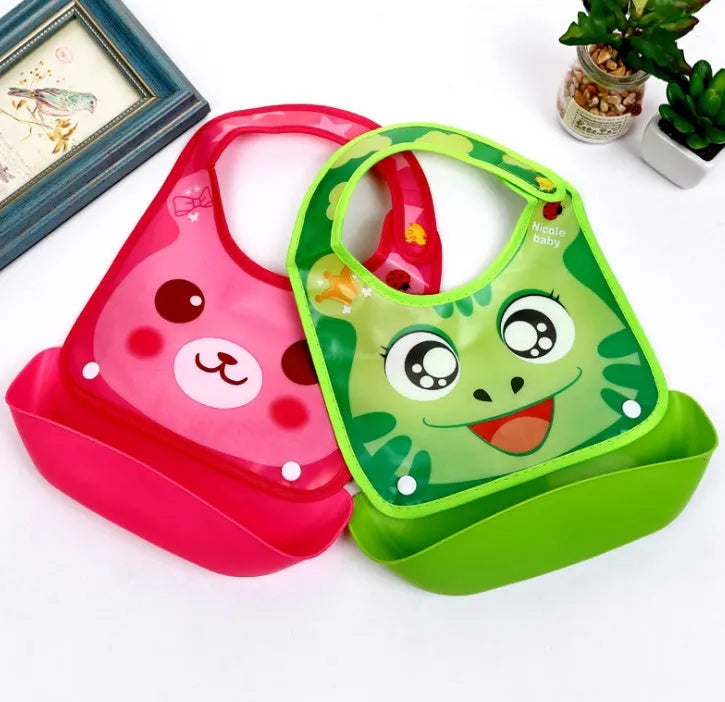 Cartoon baby PVC three-dimensional bib with blue koala design and waterproof silicone pocket
