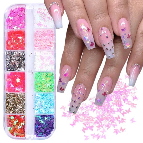 Symphony butterfly sequin nail decoration in mixed glitter colours on 12 grids