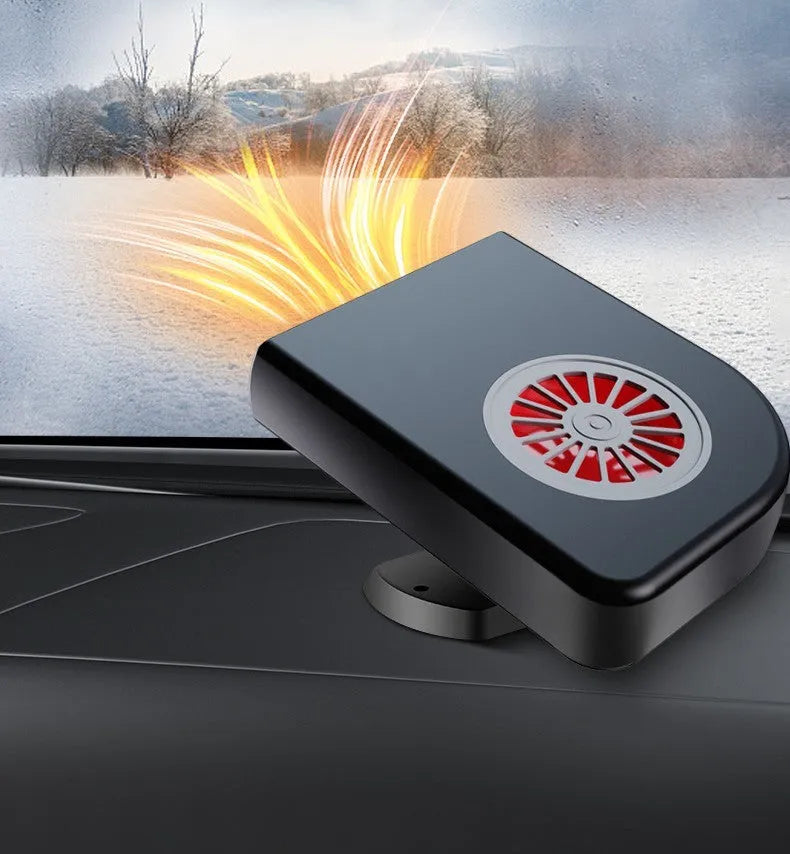 Black 12V vehicle-mounted heater with adjustable mount on a car dashboard.