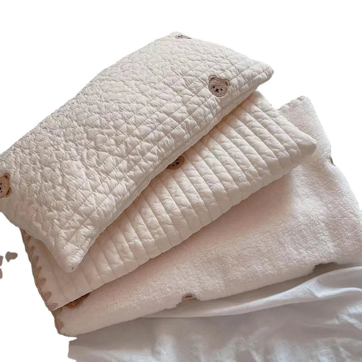 Simple Bear design three-piece dog bed set with pillow, mattress, and quilt in two size options.