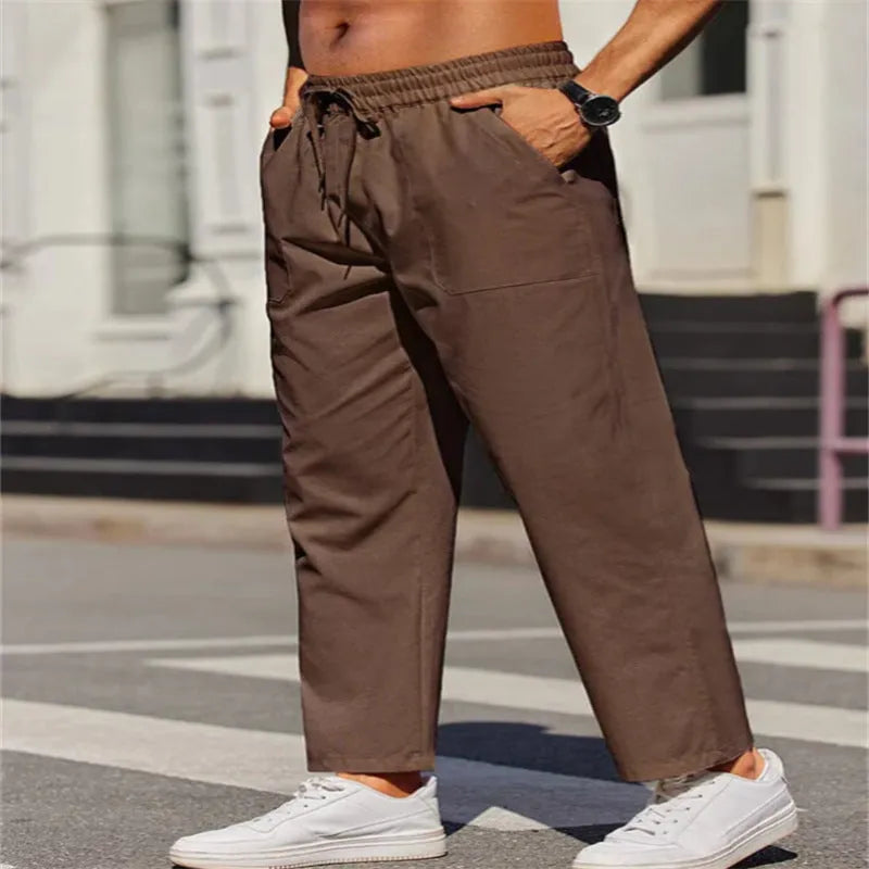 Men's straight-leg linen trousers with elastic waistband in seven colour options
