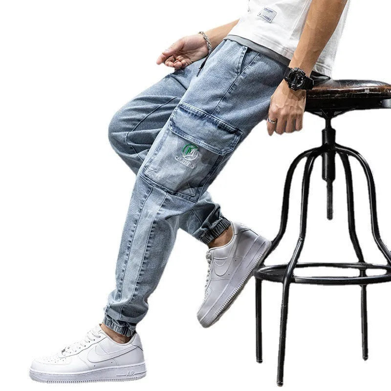 Men's loose cargo casual jeans Korean style thin straight leg trousers micro elasticity