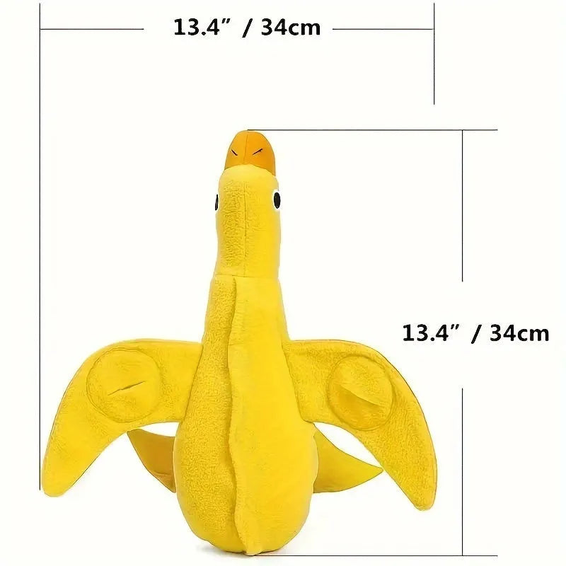 Yellow teddy dog toy with duck sound mechanism and food leak holes for treat dispensing