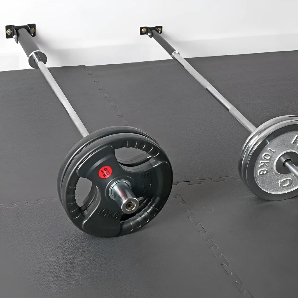 Steel wall rack with 25 tubes for storing barbell rods or gun barrels.