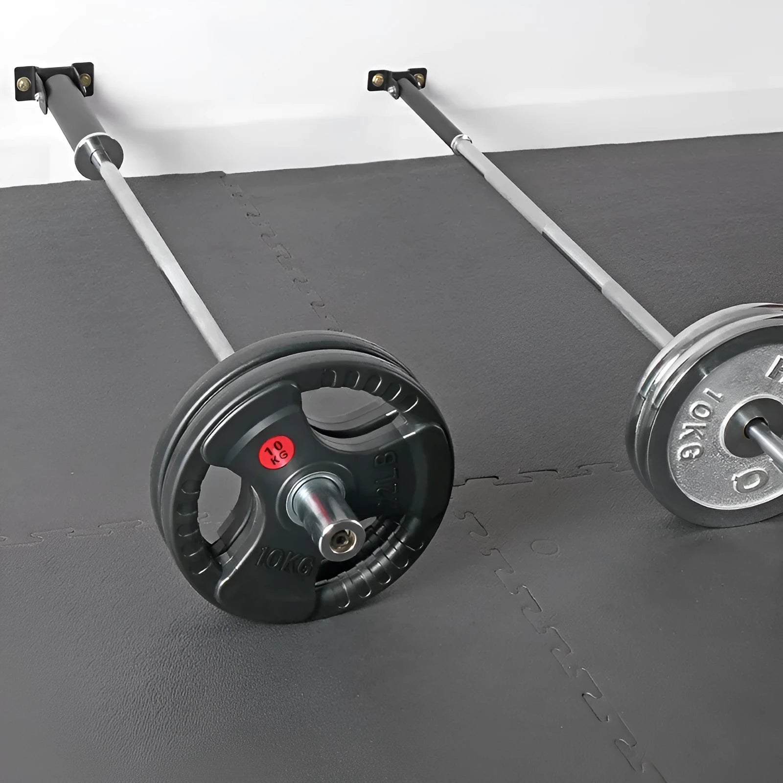 Steel wall rack with 25 tubes for storing barbell rods or gun barrels.