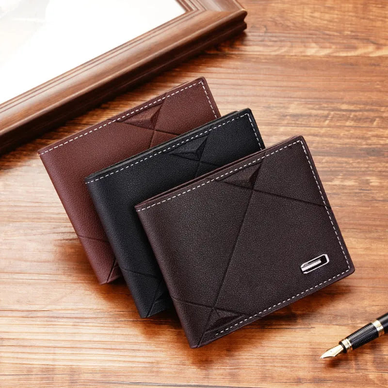 Men's thin three-fold horizontal wallet in PU leather with multiple card slots