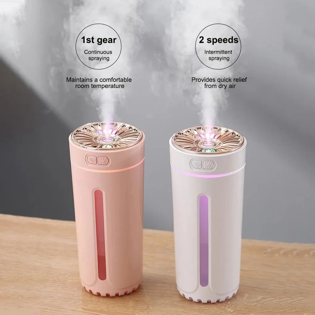 Black portable USB rechargeable humidifier with colourful LED lights on a car cup holder