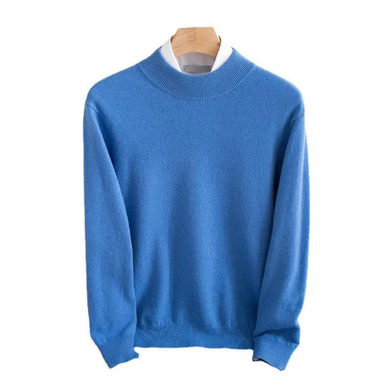 Men's half-collar wool sweater in loose fit showing half-turtleneck collar and regular sleeve design.