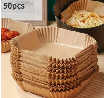 Pack of white round disposable paper liners for air fryer with 4.5cm high edge