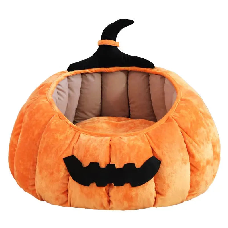 Halloween themed cat bed with cartoon pumpkin and devil design in soft plush fabric