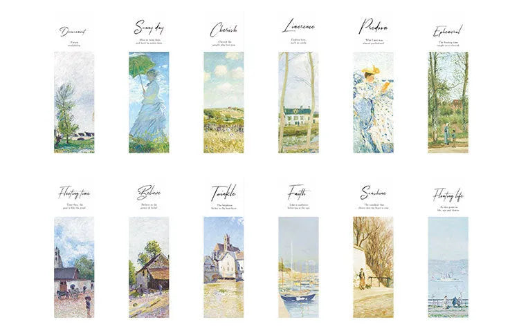 Pack of 30 white cardboard art bookmarks with designs including flowers and patterns, next to their plastic carton.