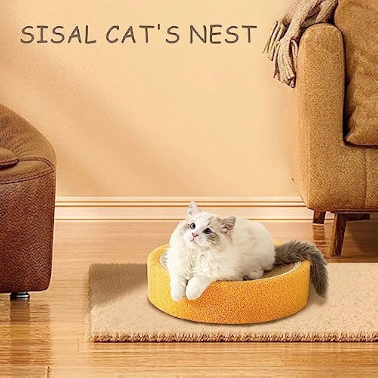 Round yellow fruit design sisal cat scratching board doubling as a cat bed.