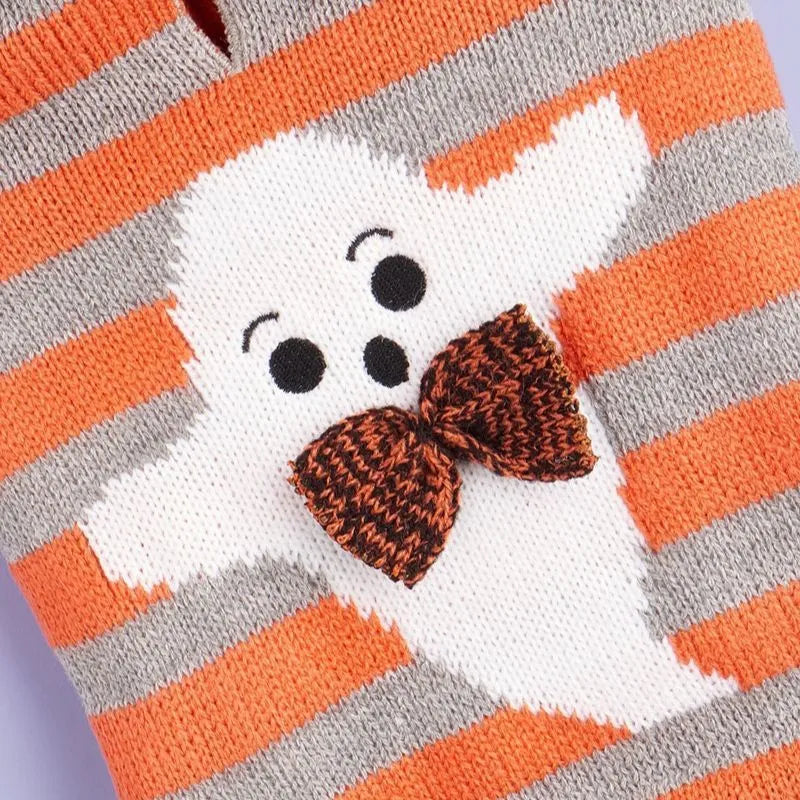 Orange striped knitted pet Halloween sweater with a hood and fur ball decoration for dogs and cats.