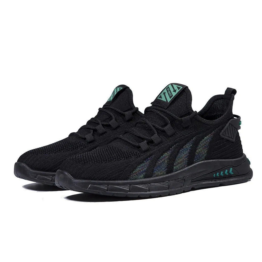 Low-top casual sneakers with mesh upper in colours black, grey, and beige on a flat plastic sole