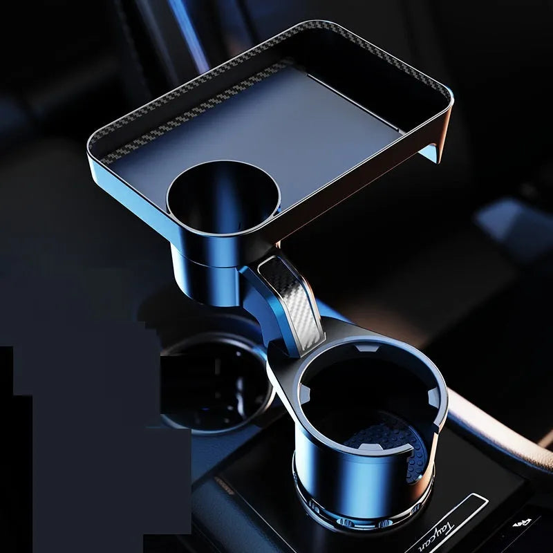 Black rotating car dinner tray holder mounted in a vehicle cup holder.