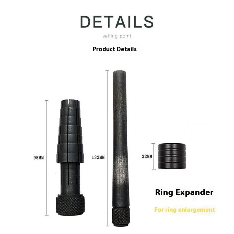 Black and silver ring expansion tool with base expander and rubber hammer for jewellery repair