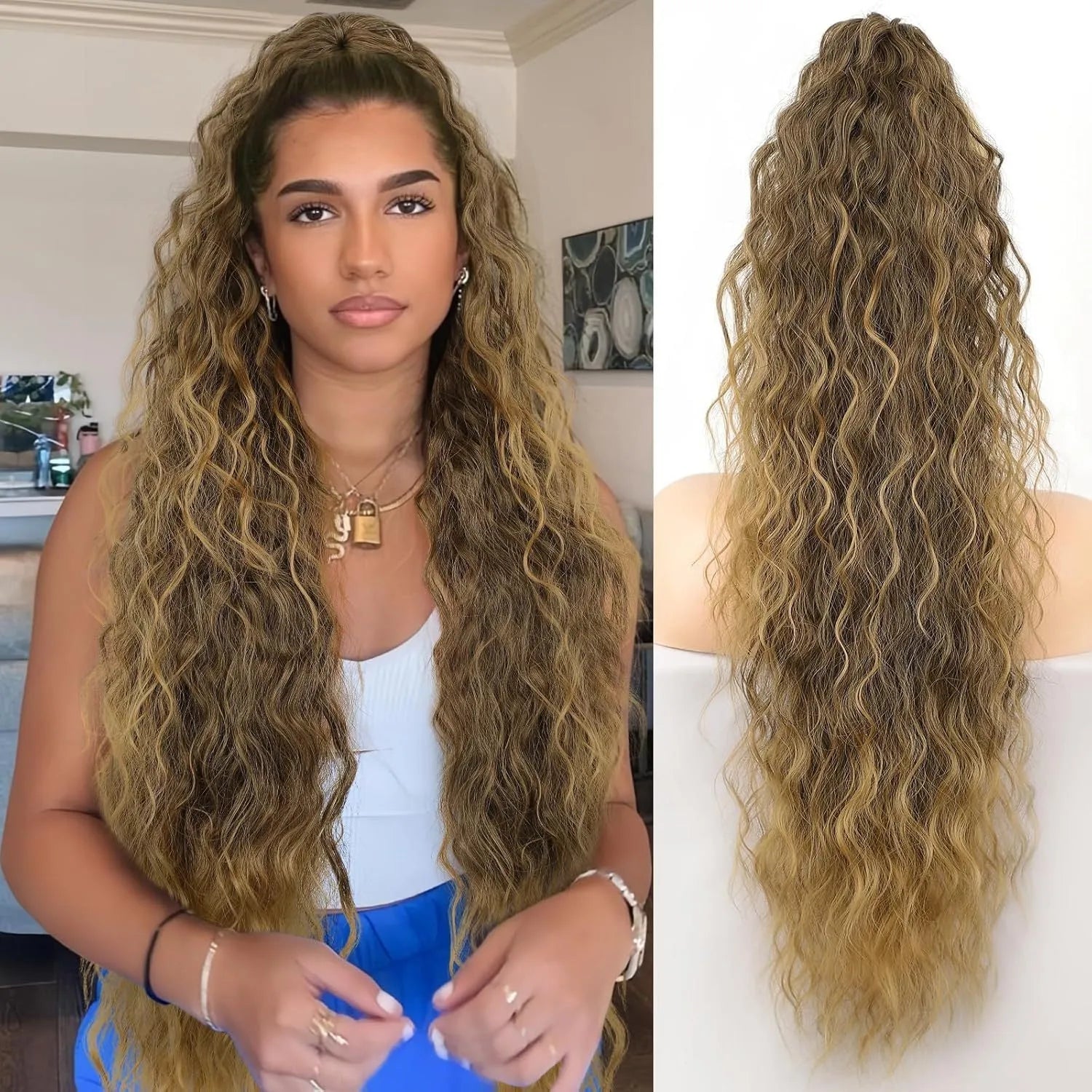 Long curly synthetic ponytail wig in high temperature fibre, 30 inches in length.