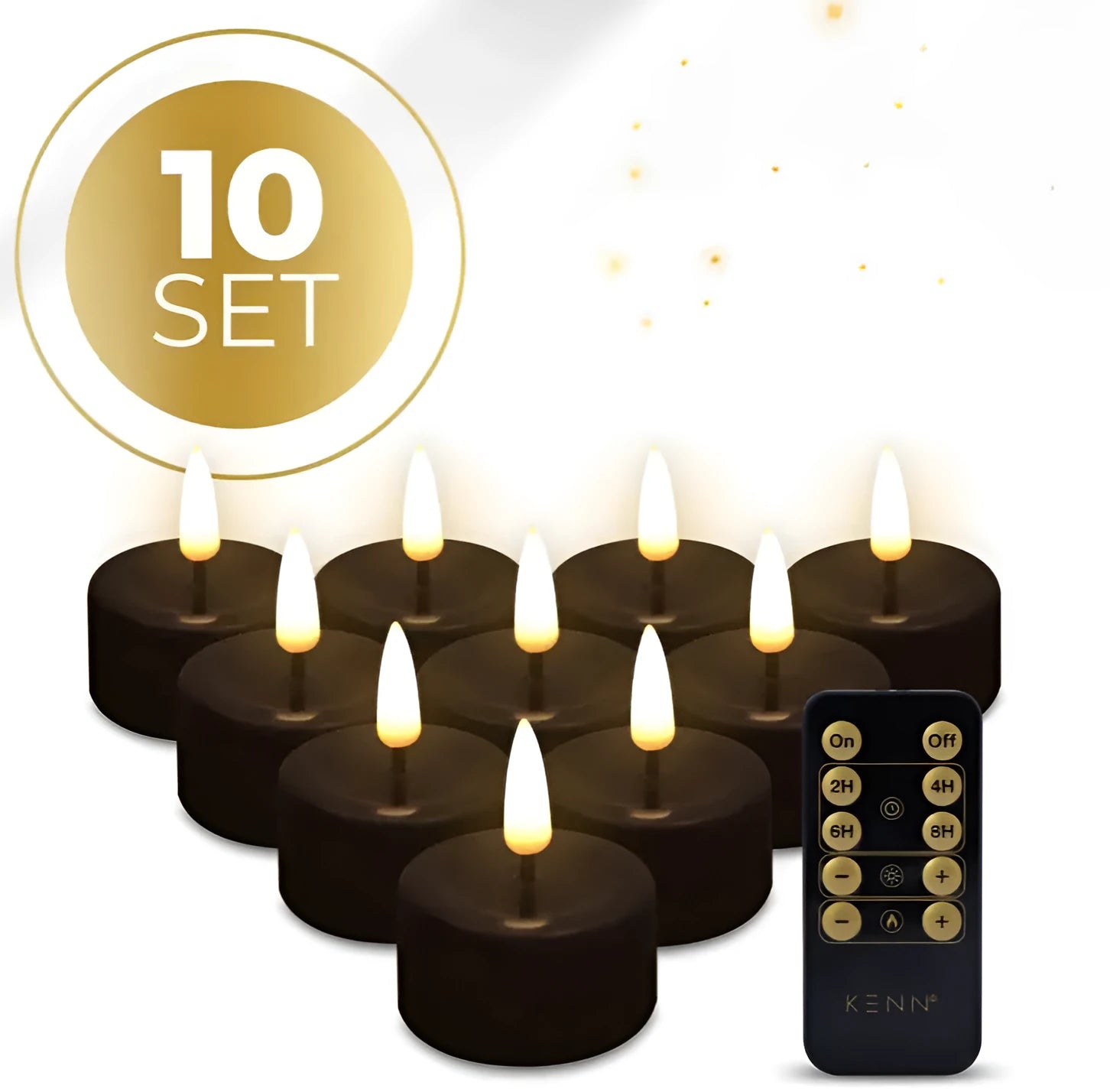 Four matte black LED tealight candles showing height and diameter next to a measurement ruler.