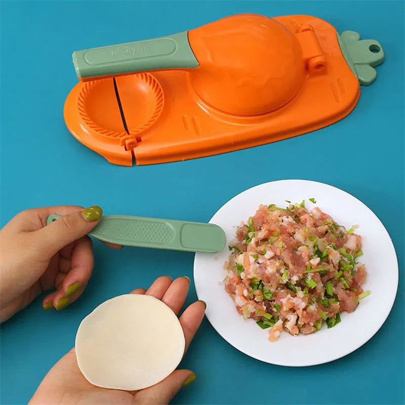 Orange and white 2-in-1 kitchen dumpling making tool with ergonomic handle and hanging hole