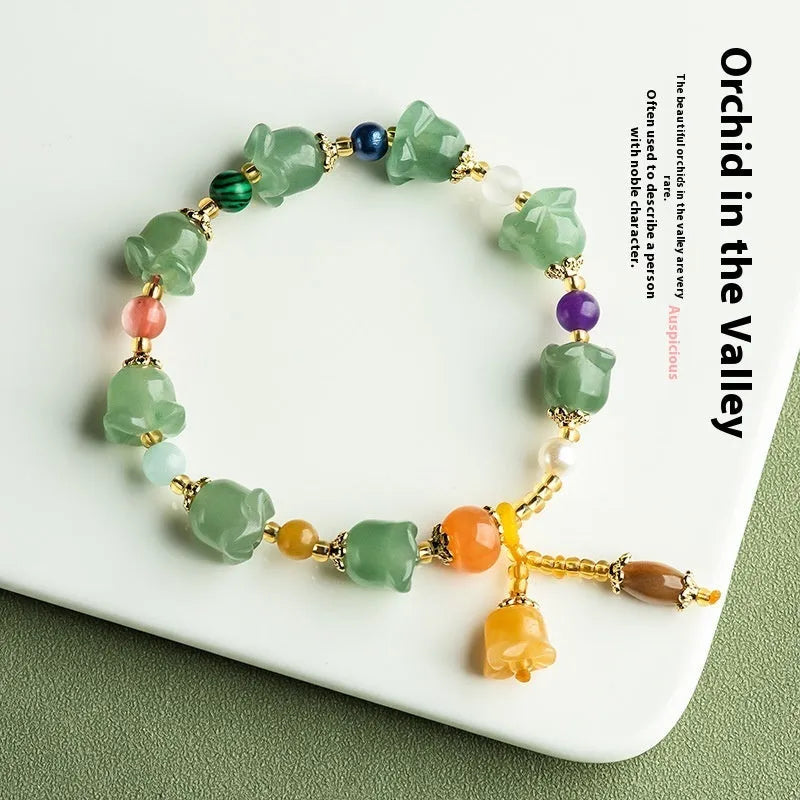 Carved natural Xinjiang Jinsi Jade bracelet with orchid beads in aventurine orchid colour, for wrists 14-18cm.