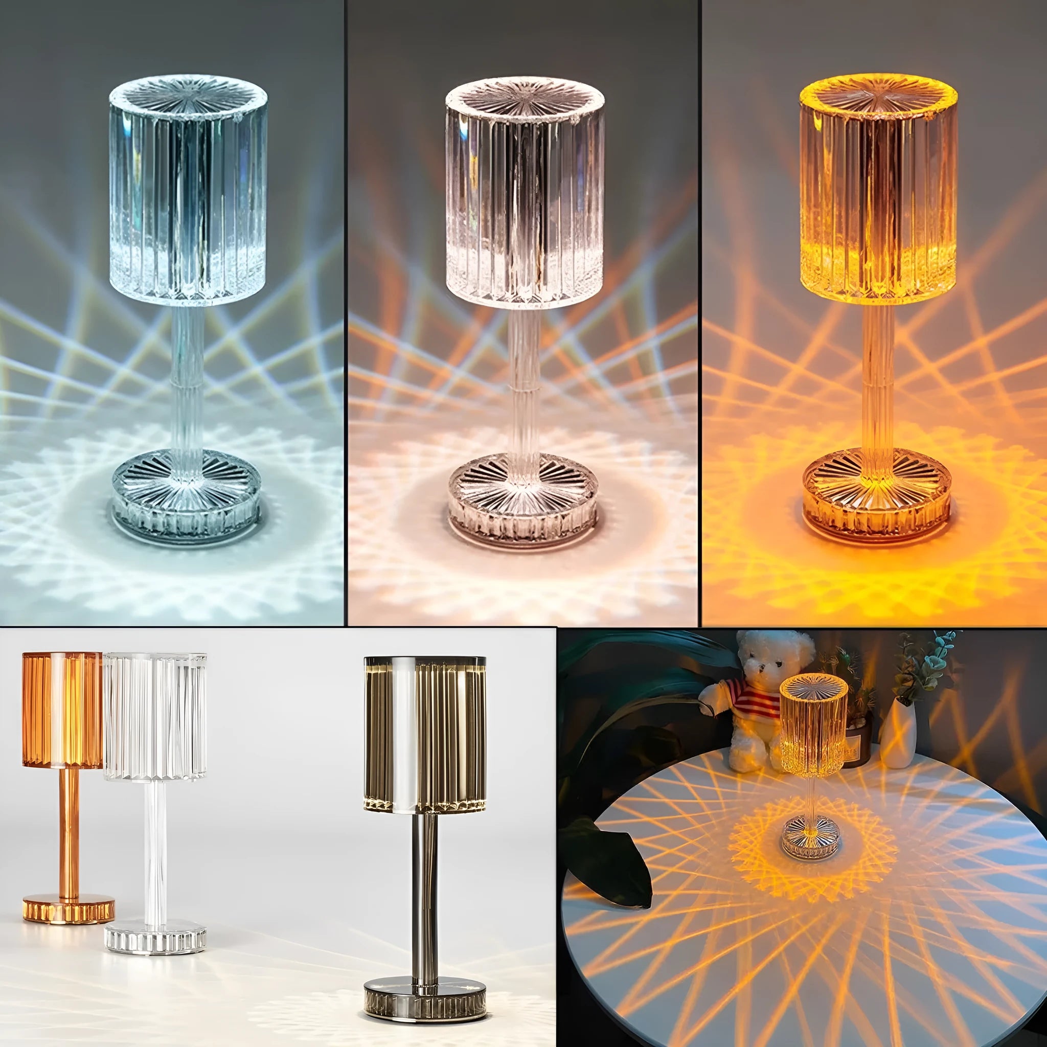 Modern crystal table lamp with a diamond-faceted shade on a metal stand, showing amber colour option.