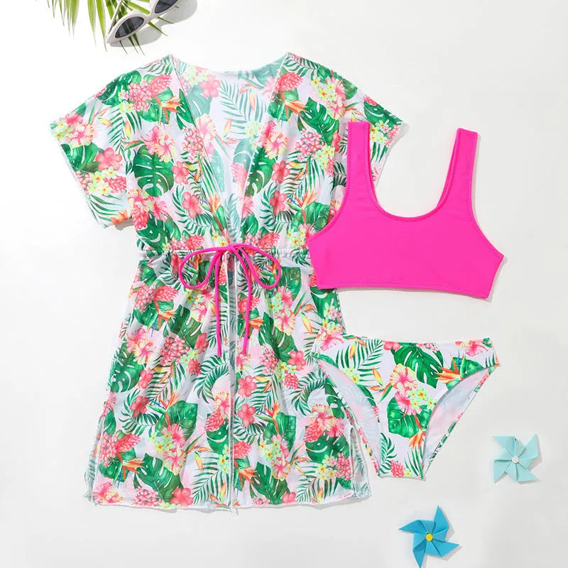 Girls' three-piece swimsuit set with floral pattern and overskirt for swimming activities