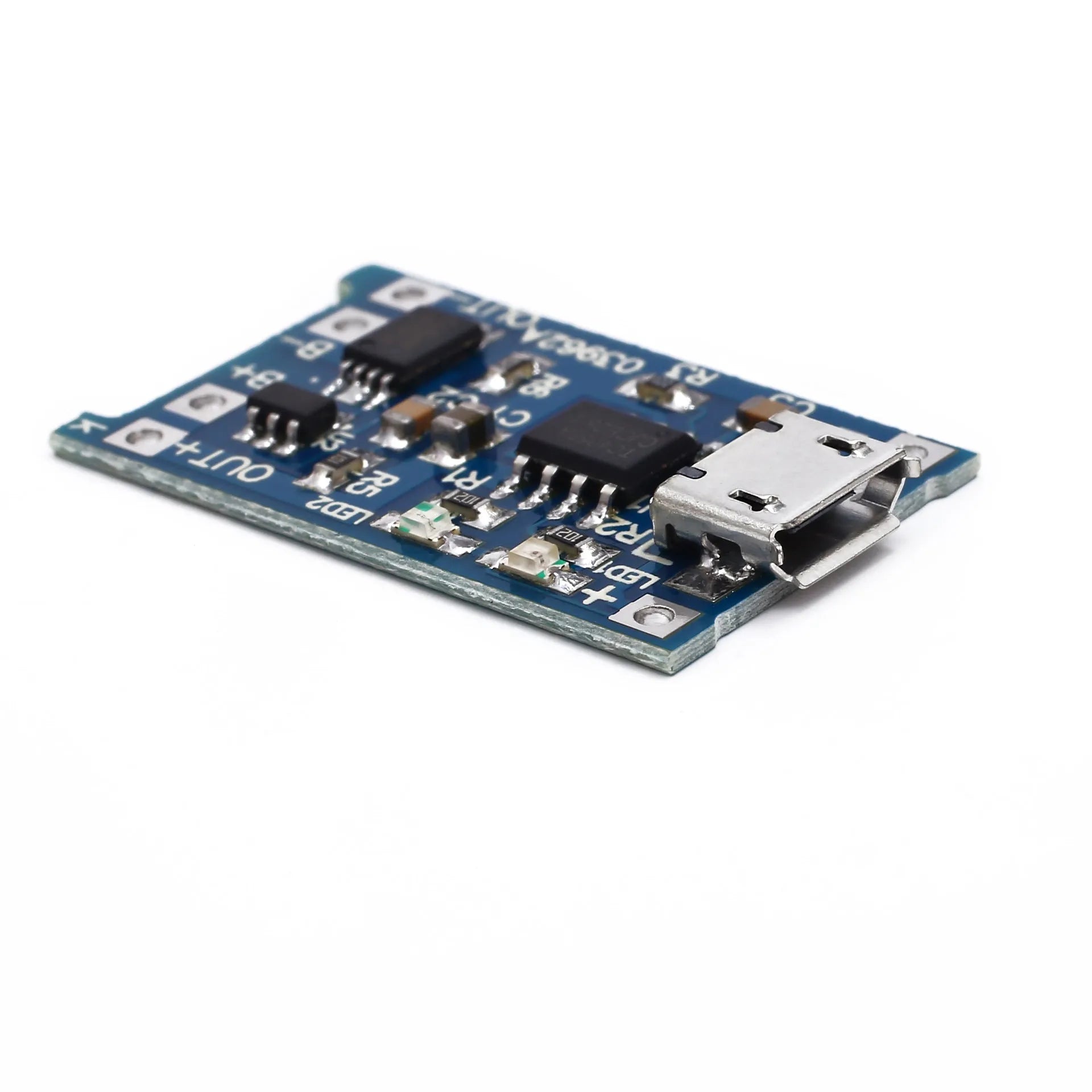 Small blue lithium battery charging and protection circuit board measuring 26mm by 17mm.