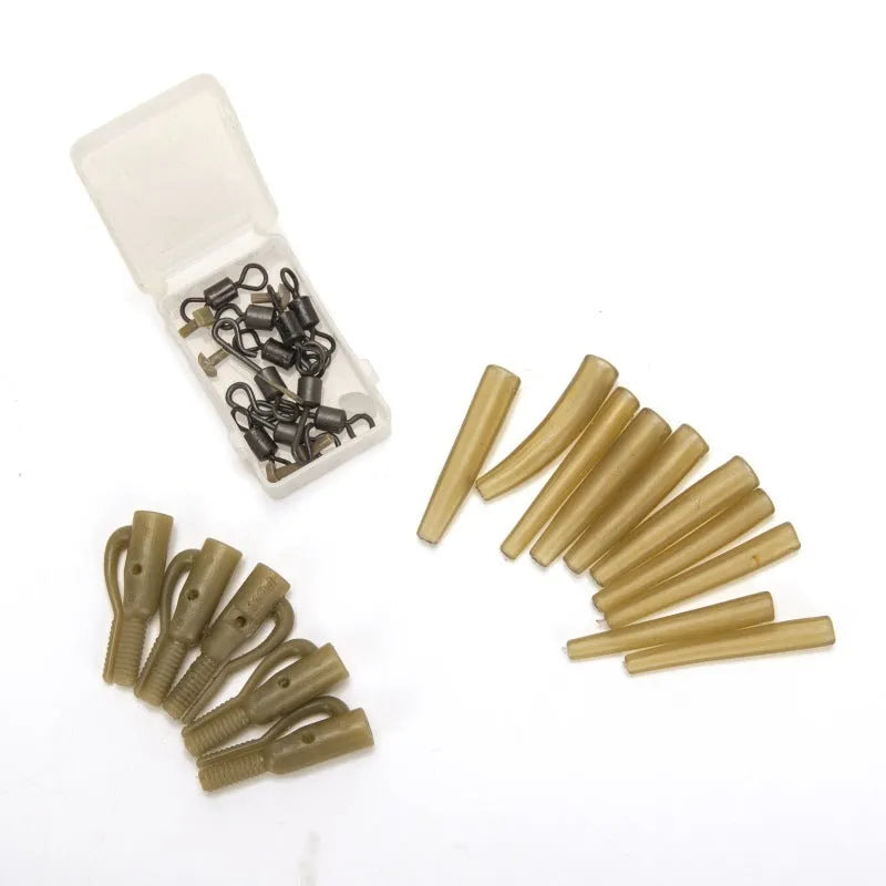 30 piece European carp fishing accessory set showing anti-winding pipes, threaded hoses, rotations, and screws