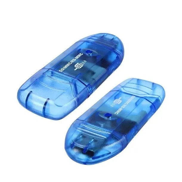 Transparent USB card reader with LED light and SD card slots on a desk.