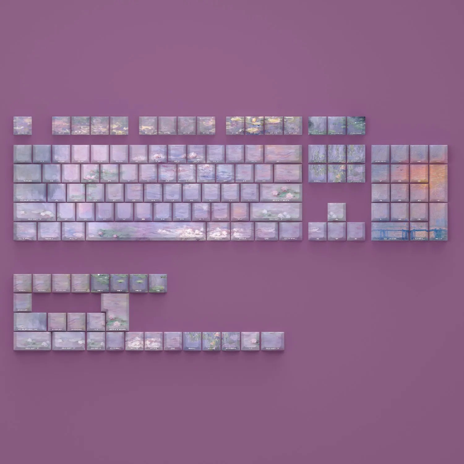 Set of white PBT keycaps with colourful water lily design on top and sides, showing side-engraved transparent characters.