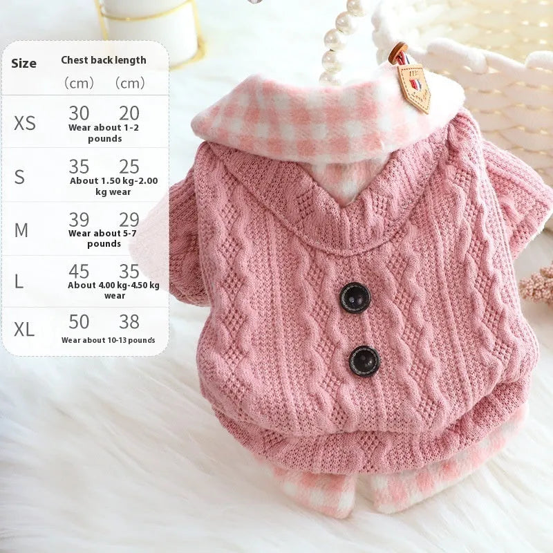 Blue plaid fleece-lined dog sweater with fake two-piece design on small dog