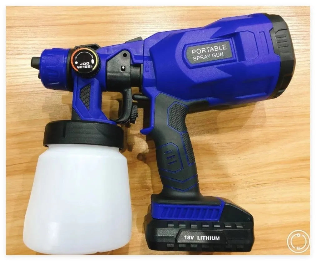 Blue cordless paint spraying machine with 800ml watering can and automatic spray gun nozzle