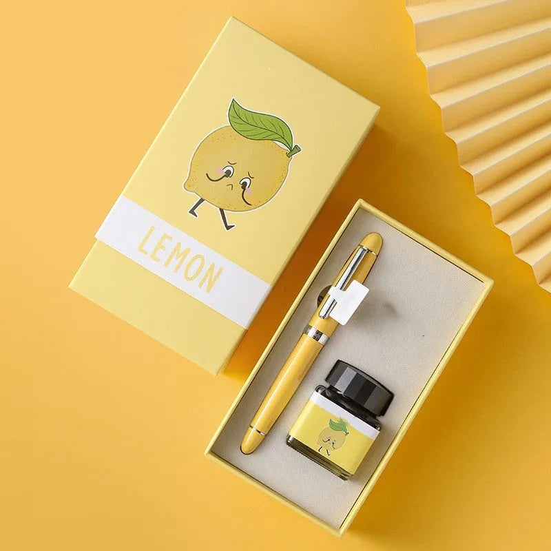 Calligraphy pen with replaceable ink sac, stainless steel nib, and character-themed designs in gift box