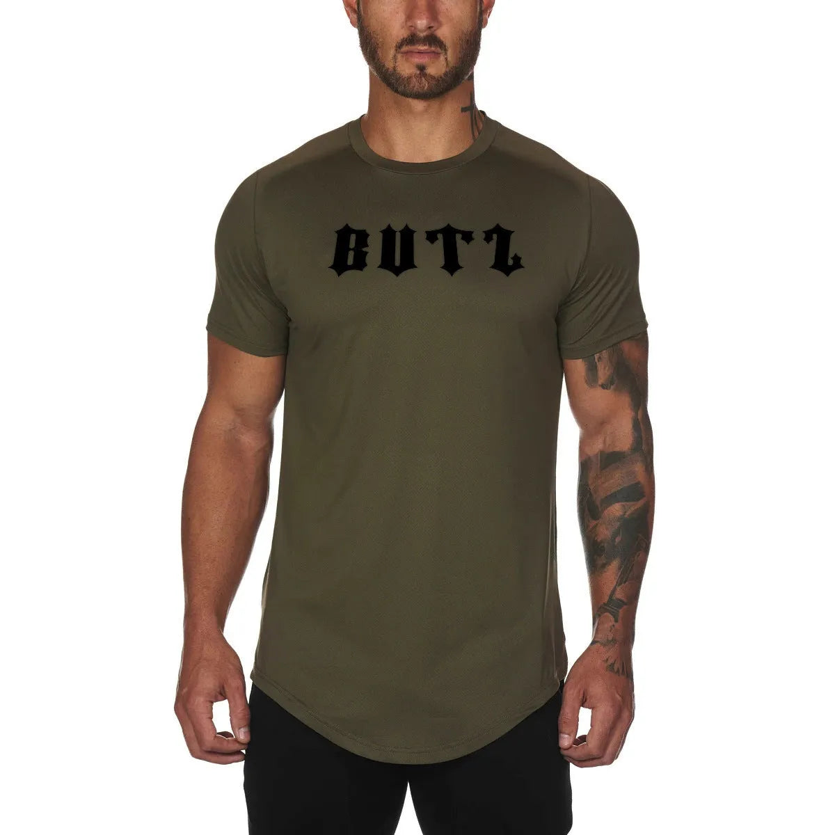 Men's plain custom gym shirt in cotton-spandex blend showing colour and letter print options.