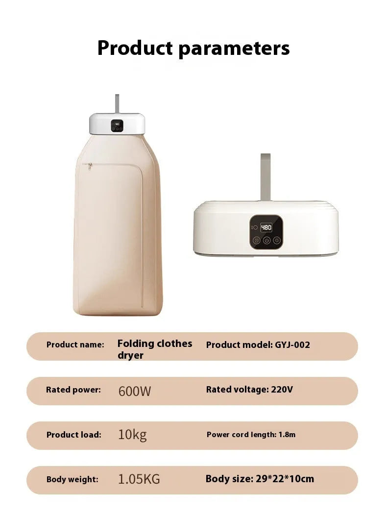 White cylindrical compact clothes dryer with remote control for dormitory use