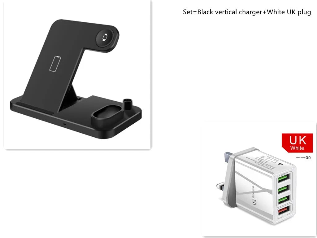 White 4-in-1 wireless charging station with phone on adjustable stand, Apple Watch, AirPods and Apple Pencil charging.