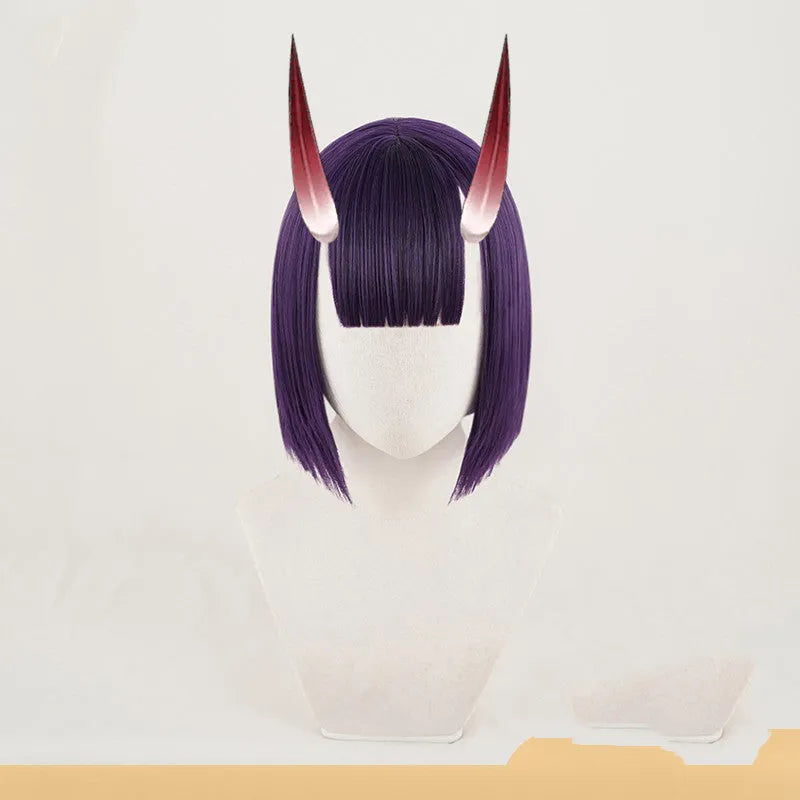Short purple cosplay wig made from high temperature silk with rose net inner net for a natural look