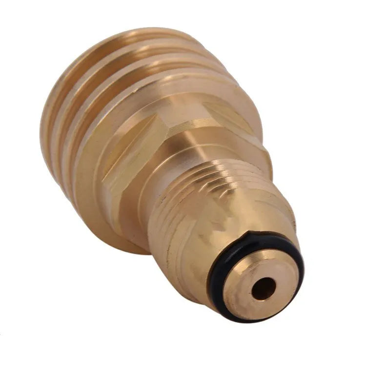Brass gas charging adapter with gold finish and taper external thread for 7mm connections