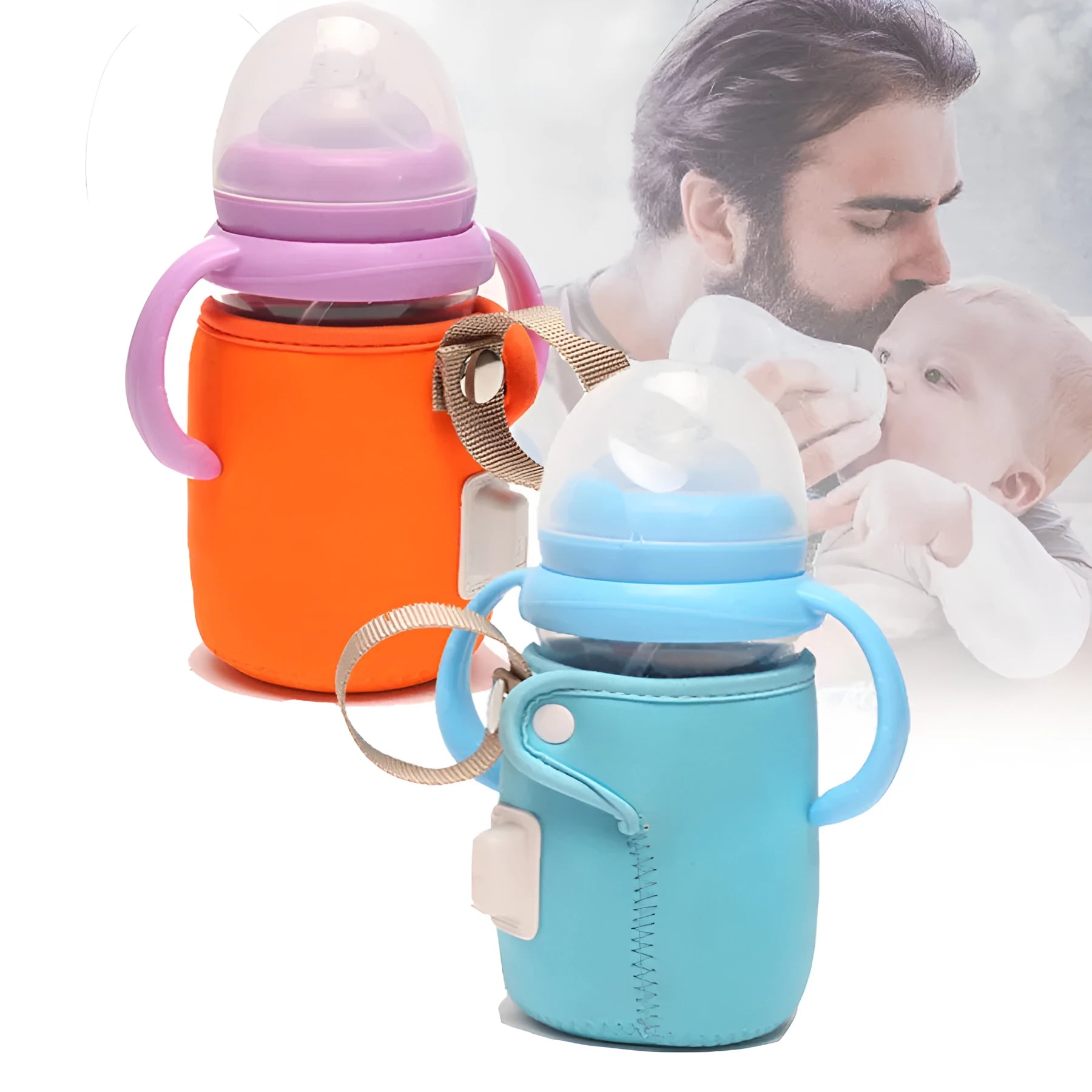Blue USB baby bottle warmer showing cotton sleeve and power connection for milk feeding