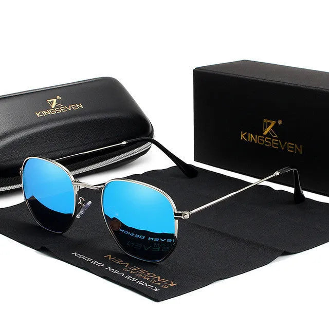 Men's classic round retro sunglasses in black frame on a grey background.