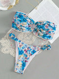 Floral printed tube top bikini set with lace trim in blue, pink, yellow colours