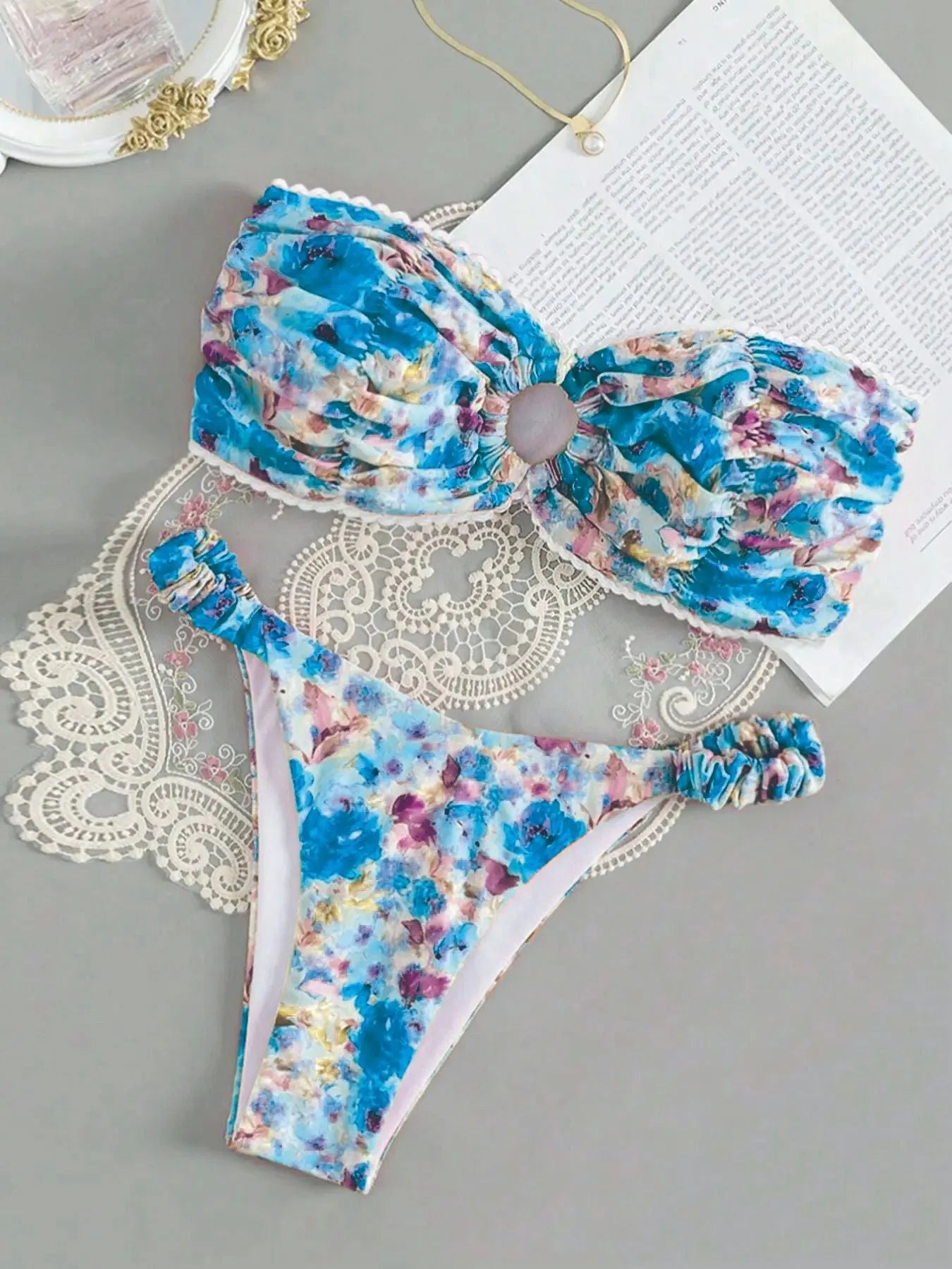 Floral printed tube top bikini set with lace trim in blue, pink, yellow colours