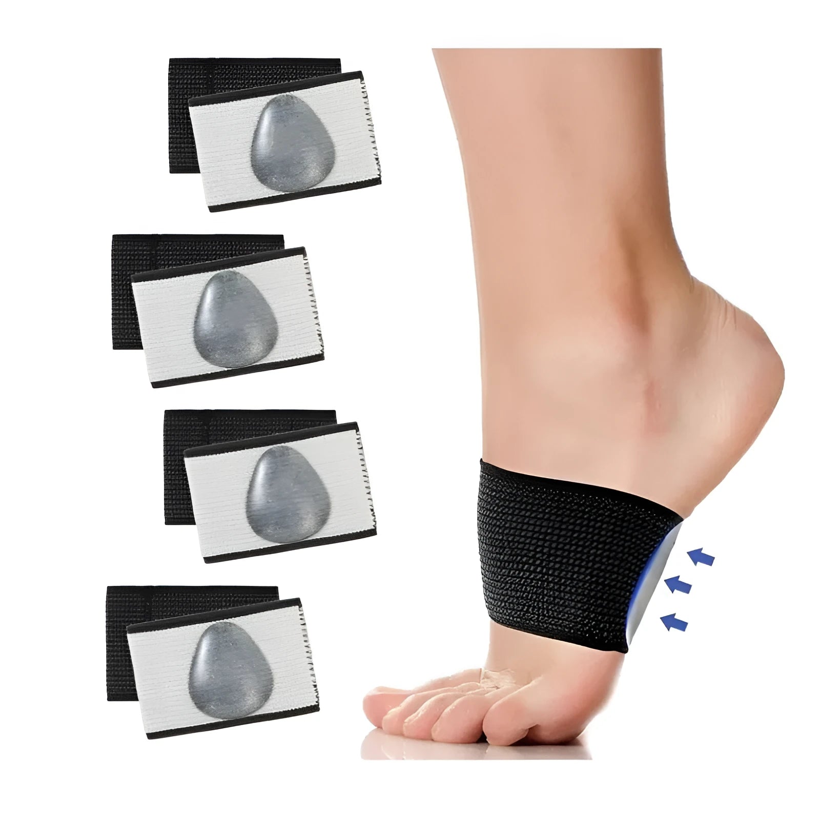 A pair of elastic PU arch support foot bandages, shown in heart style design for flat feet.