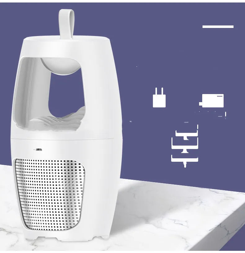 Black or white USB-powered mosquito killer lamp with rechargeable battery for indoor use.