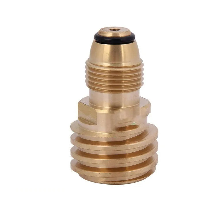 Brass gas charging adapter with gold finish and taper external thread for 7mm connections