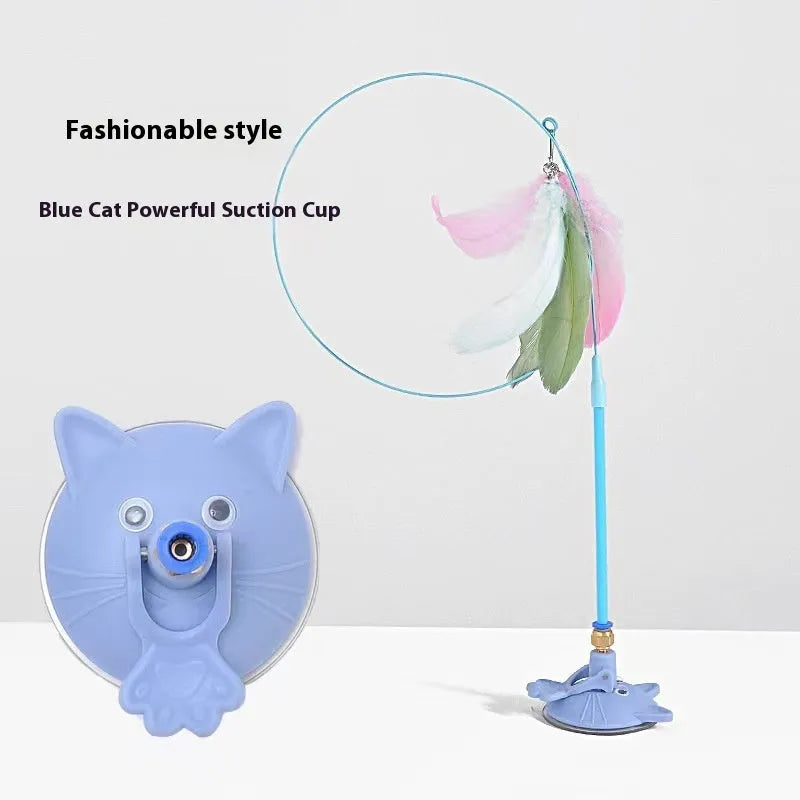 Interactive cat teaser toy with suction cup base, long handle, and dangling brush with bell attachment