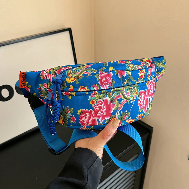 Women's Western style waist bag with large flower decoration and three-dimensional pockets
