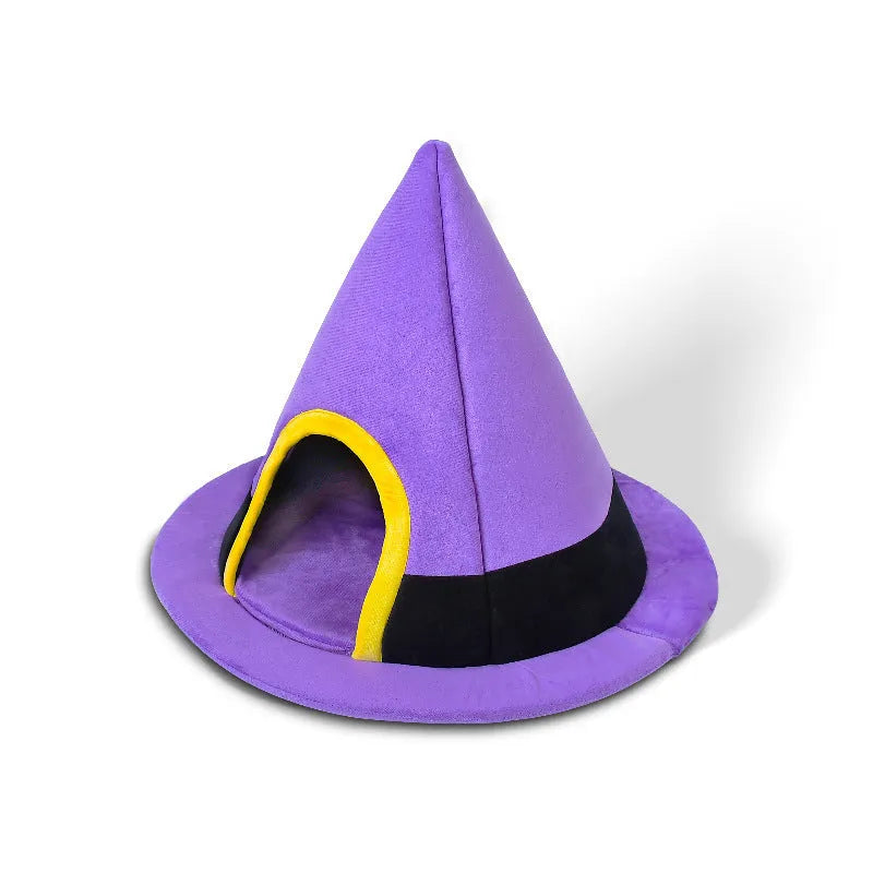 Purple Halloween witch hat shaped cloth cat bed with a fleece cushion inside.